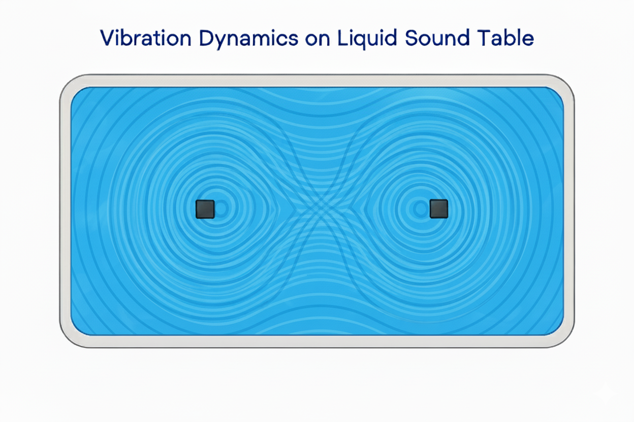 Cross-section of Liquid Sound Table showing efficient vibration transmission through water bladder. Cross-section diagram of Liquid Sound Table showing sound vibration traveling evenly through a water bladder beneath the body.