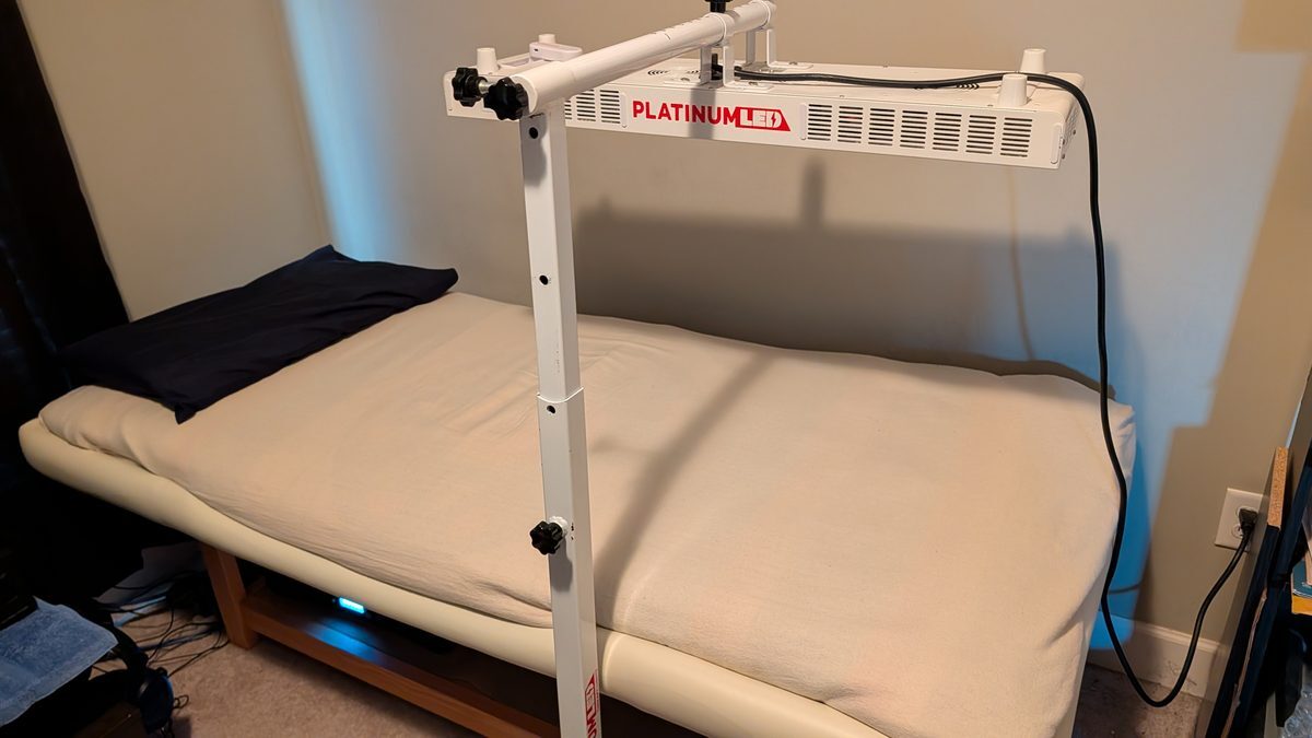 PlatinumLED red and near-infrared light panel mounted over Liquid Sound Table